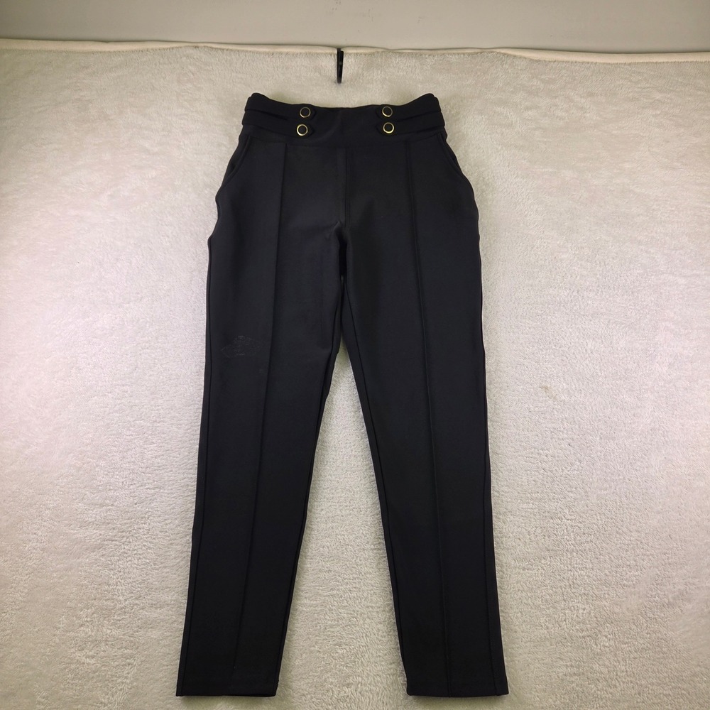 Harper Black High Waisted Sailor Pants Gold Button Pintuck Tapered Trousers